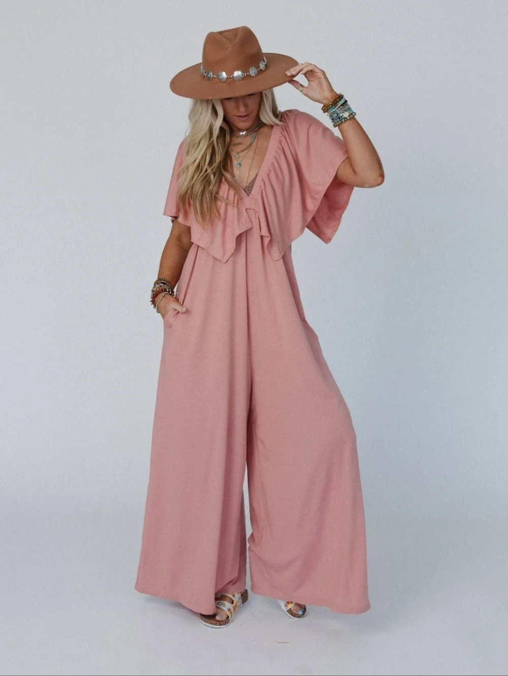NWT Open Back Ruffle Jumpsuit - In Shadow Blush - Picture 4 of 9